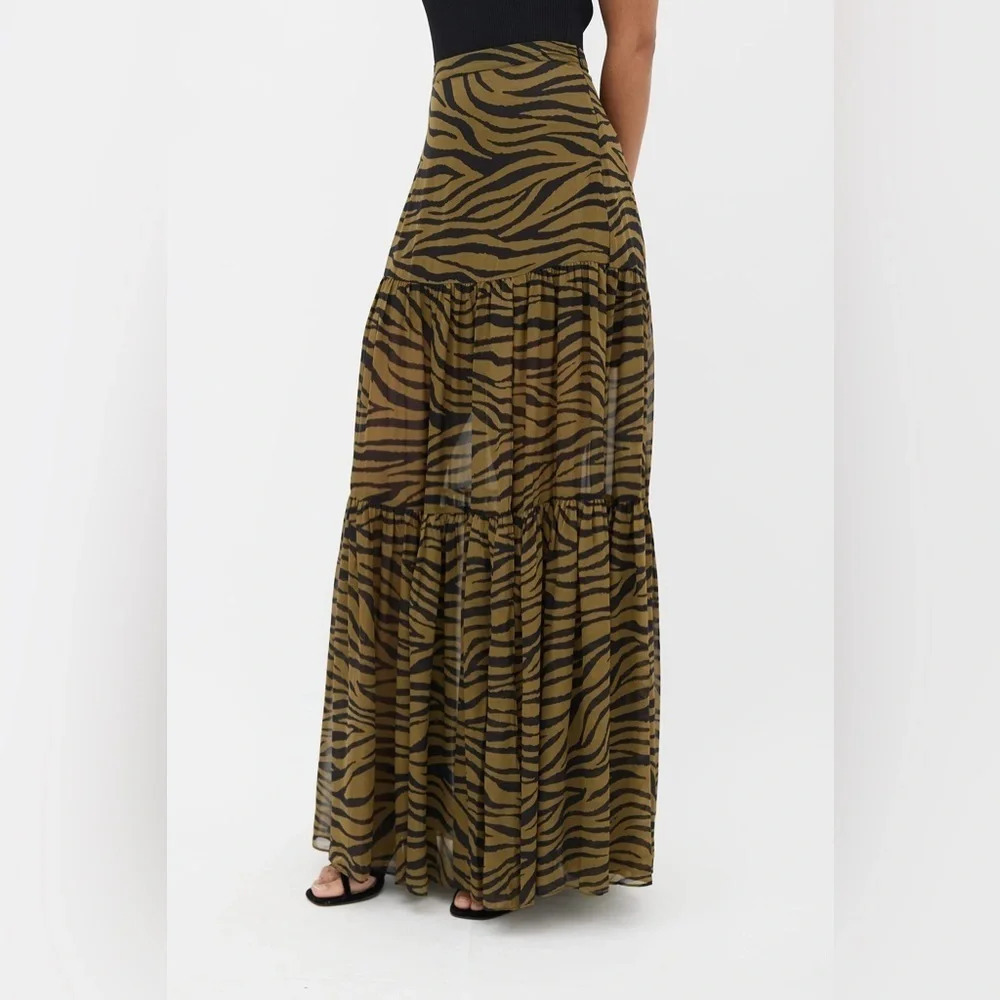 Veronica Beard Olive Green Serence Zebra Silk Maxi Thigh High Slit Skirt - Picture 4 of 12